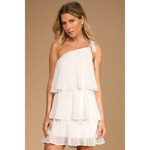 Lulus Blowing Kisses White Pleated One-shoulder Mini Dress - Size XL